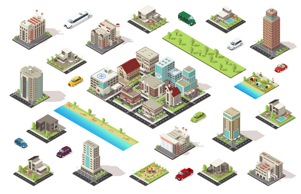 Isometric City Constructor Elements Set