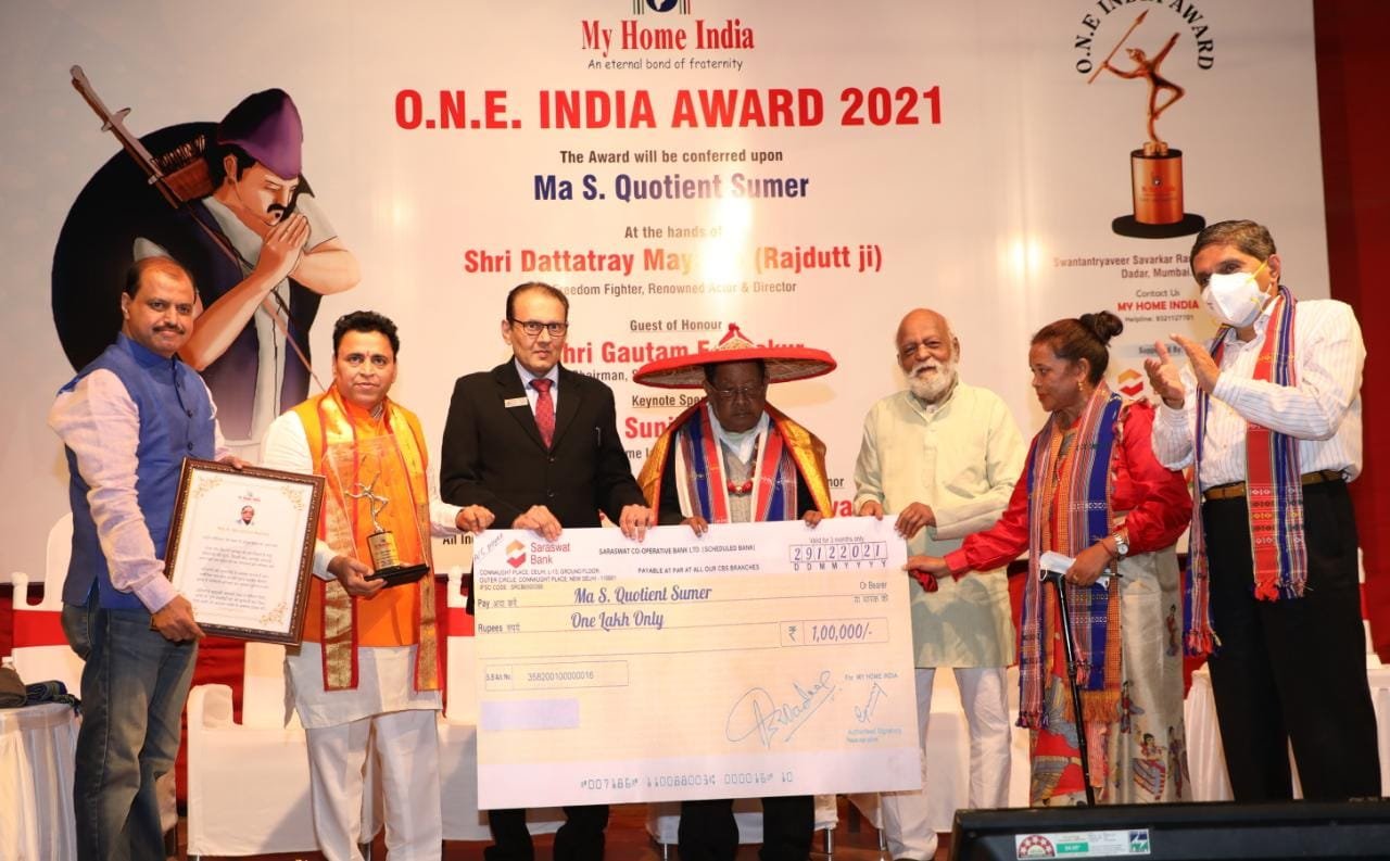 My Home India’s ‘One India Award’ conferred upon S. Quotient Sumer, a well-known author from Meghalaya