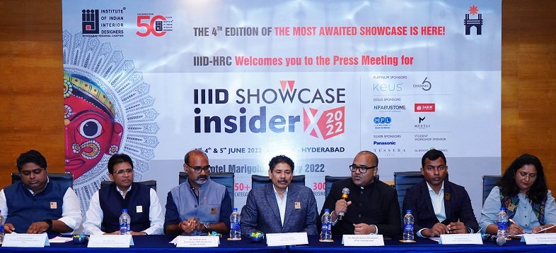 Ar. B Nanda Kumar (5th from Left), Immediate past Chairman, IIID-HRC; flanked by (L-R) Ar. Naveen Chalasani, Jt. Hon. Secretary, IIID-HRC & Co-Convenor-IIID Showcase Insider X 2022; Mr. Jaleel Sabir, Vice-Chairman (Trade) & Treasurer-IIID Showcase Insider X 2022; Ar. Rakesh Vasu, Hon. Treasurer, IIID-HRC & Convenor-IIID Showcase Insider X 2022; Ar. Manoj Wahi, Chairman, IIID-HRC; Ar. Praveen Kumar, Hon. Secretary, IIID-HRC & Ar. Pallavi Anchuri, Chairperson Elect, IIID-HRC; briefing media about the 4th Edition of IIID Showcase Insider X 2022, being hosted by Institute of Indian Interior Designers (IIID), in Hyderabad from June 3rd to 5th, 2022; at a Press Conference, today.
