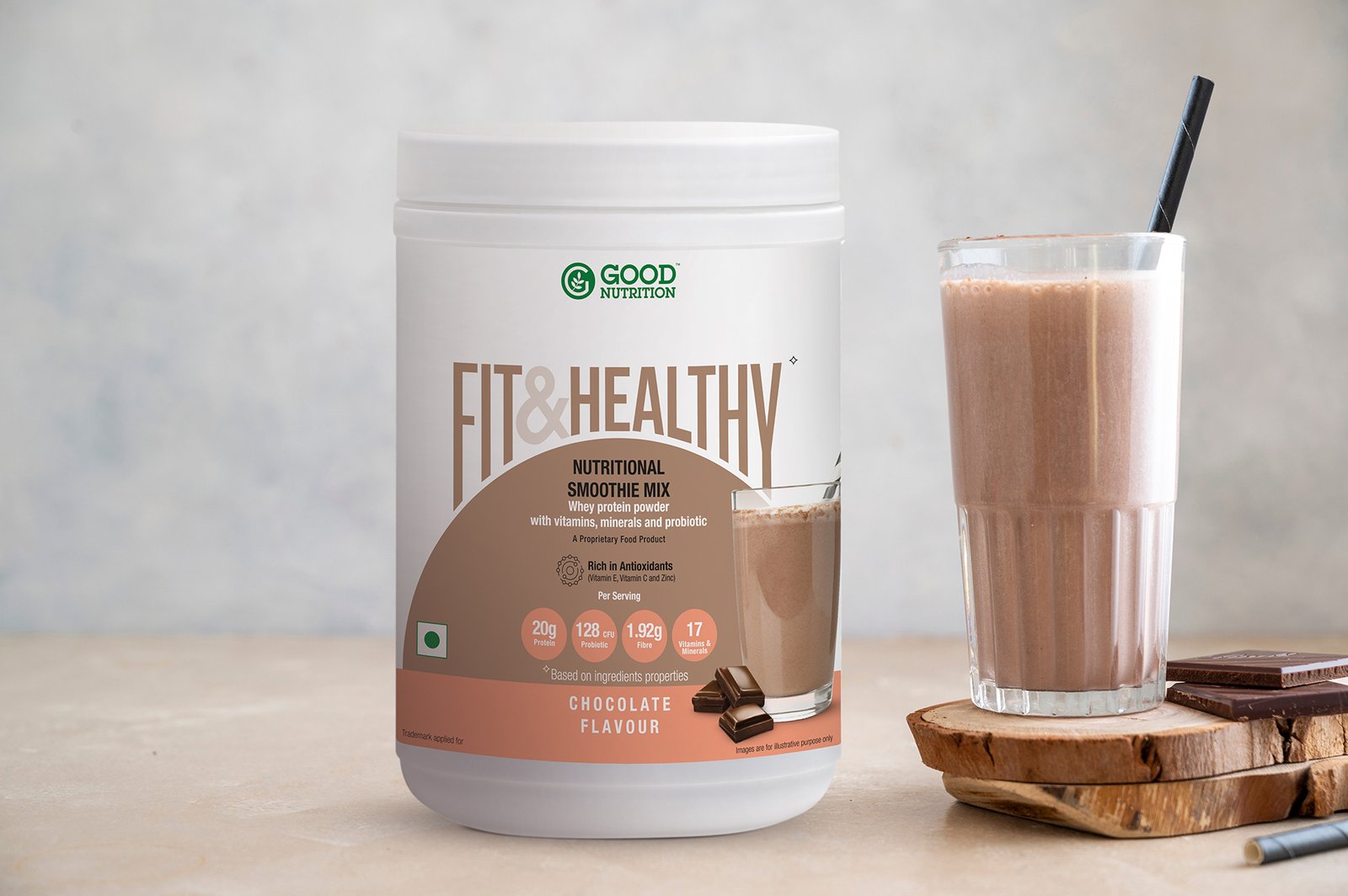 Chocolate protein drink in glass for nutrients and energy, fitness drink