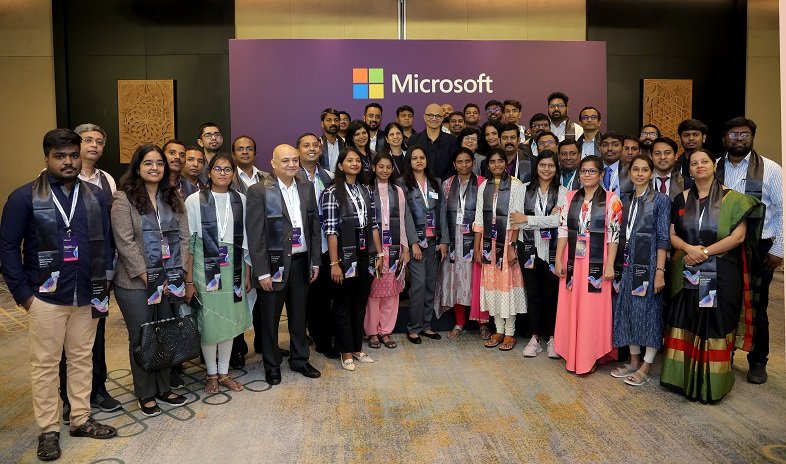 Satya Nadella, Chairman and CEO, Microsoft, with developers of Future Ready Champions of Code at the 'Microsoft Future Ready Technology Summit’ in Bengaluru, India, on Janua